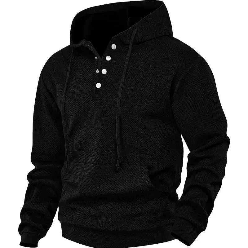 Black textured knit hoodie with drawstring hood, flat front view