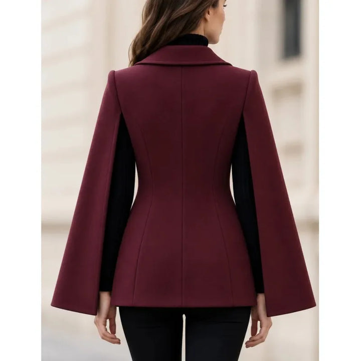 Burgundy cape sleeve blazer coat, back view
