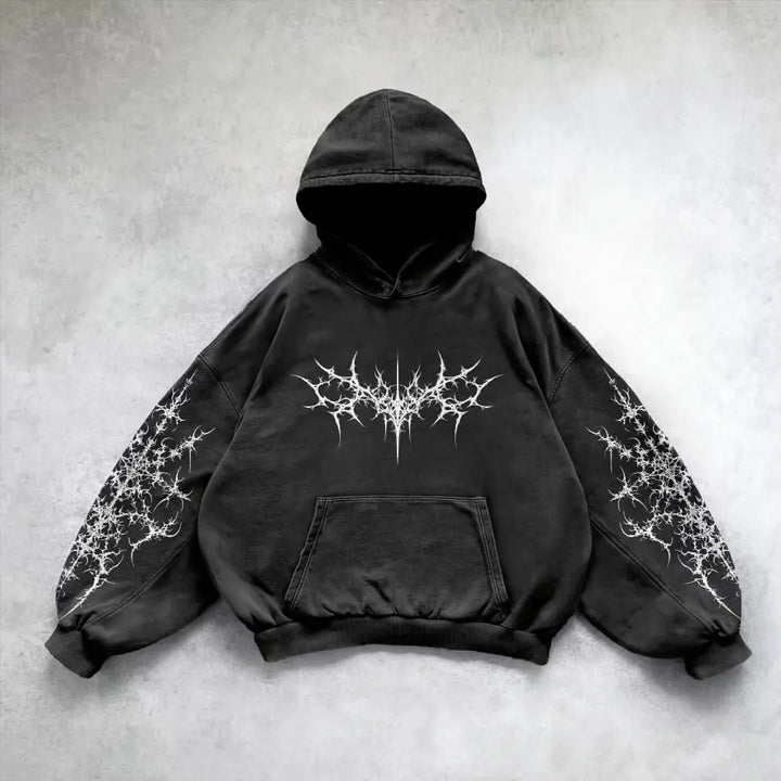 Black hoodie with white spiked gothic front graphic