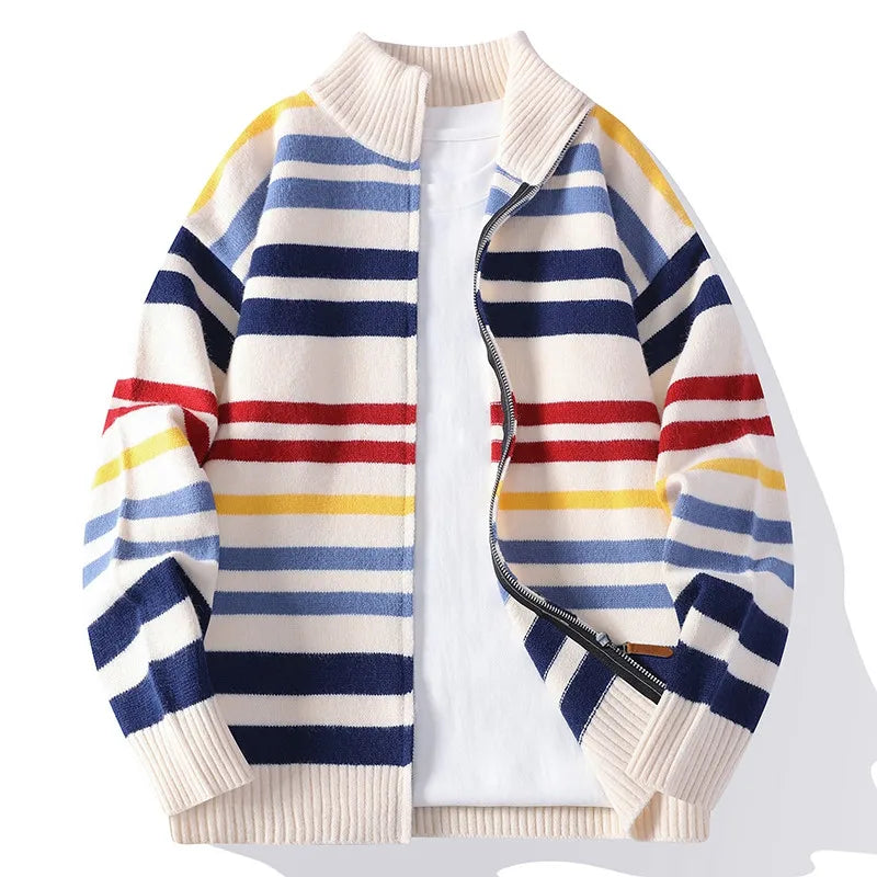 Multicolor striped zip-front cardigan sweater, front view