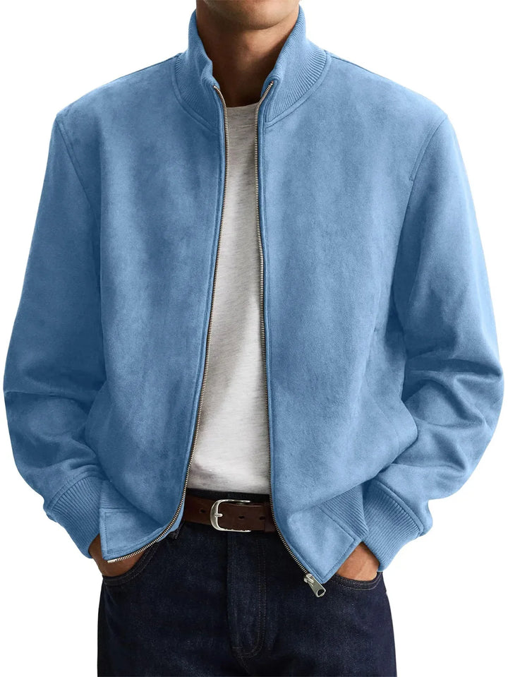 Man wearing light blue suede-look bomber jacket with stand collar