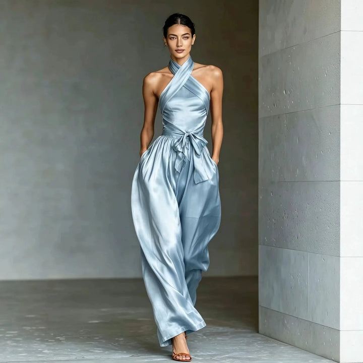 Haze blue satin halter jumpsuit with self tie waist
