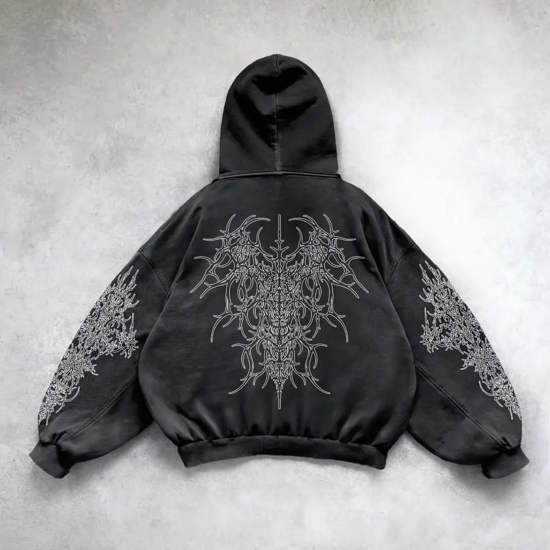 Back view of black gothic graphic hoodie with printed sleeves
