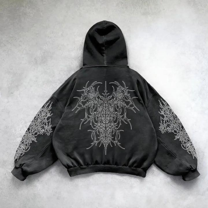 Back view of black gothic graphic hoodie with printed sleeves