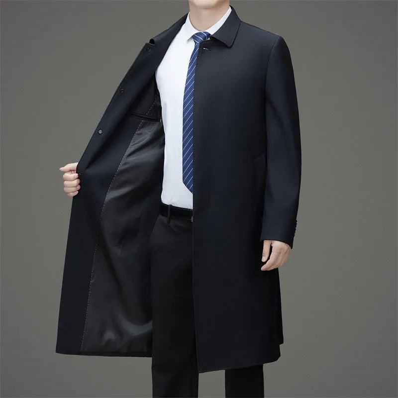 Navy blue trench coat open showing interior lining detail