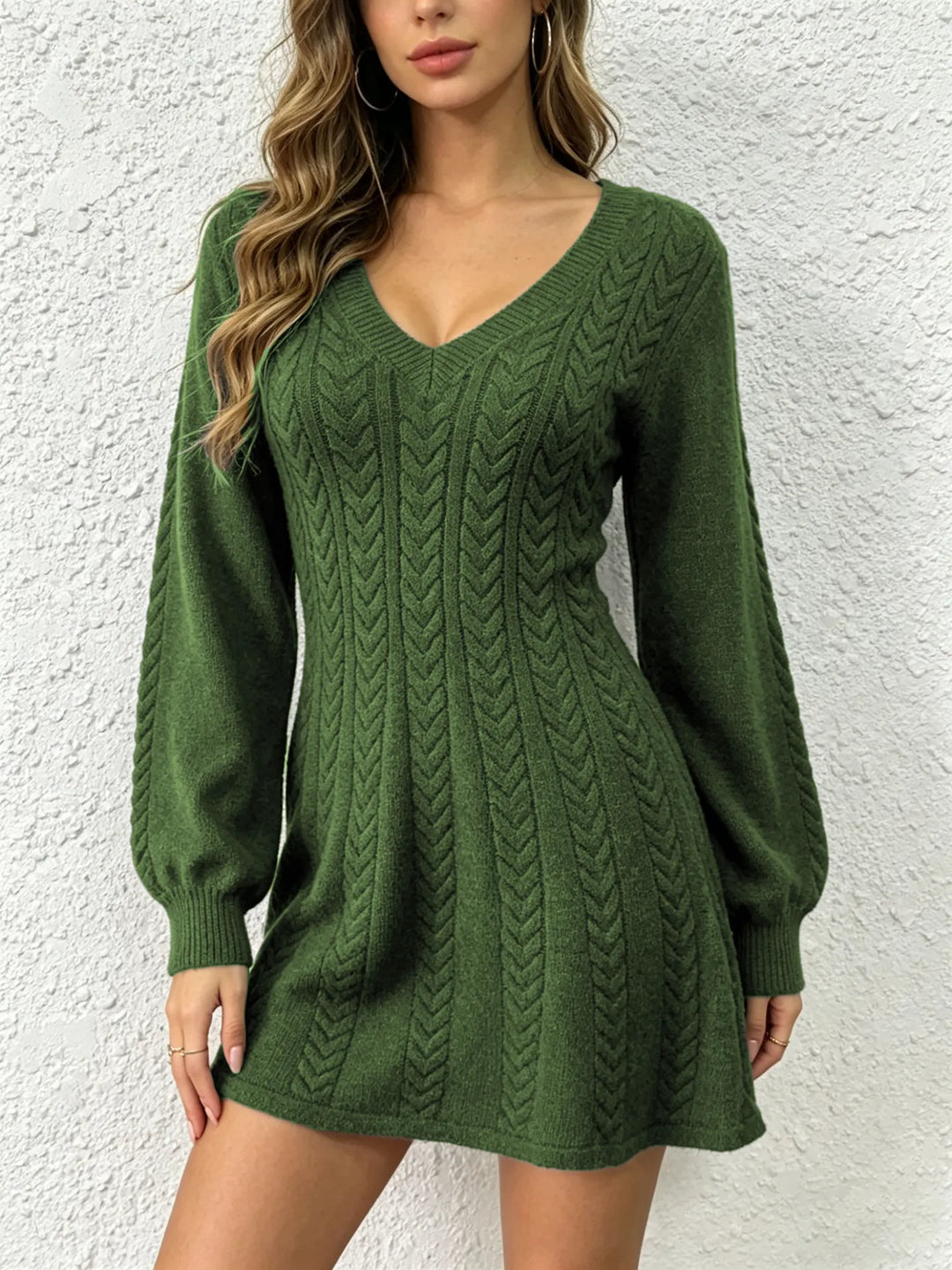 Army green cable knit sweater dress with V-neck, front view