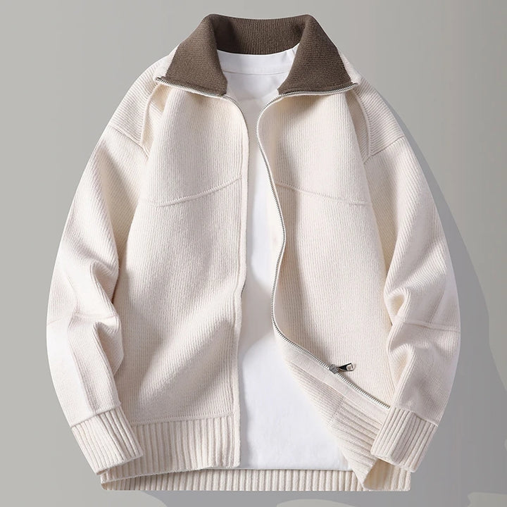 Beige knit zip cardigan with contrast collar, front view