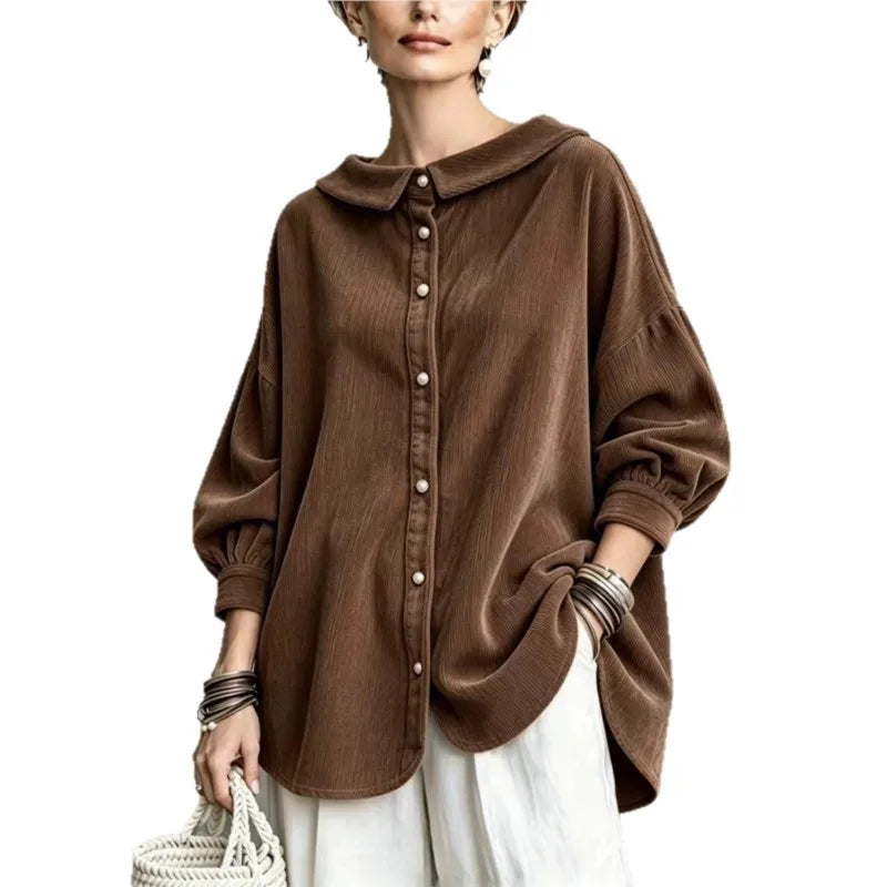 Coffee brown blouse with turn down collar and balloon sleeves, front view