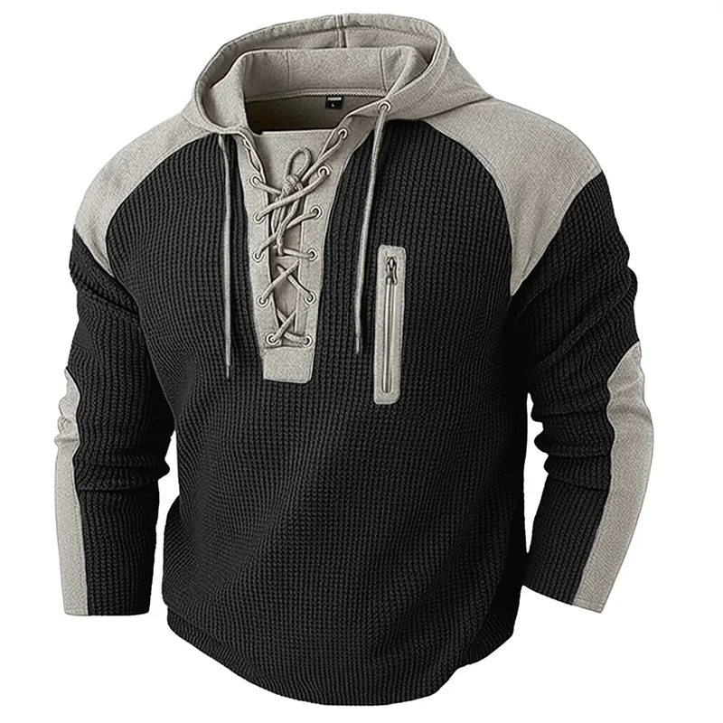 Black and grey colorblock waffle knit hoodie with lace-up front