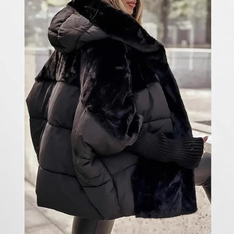 Black faux fur trim puffer jacket side view with hood up