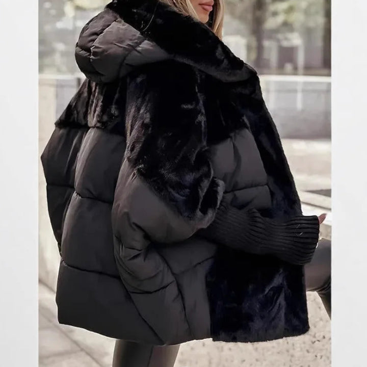 Black faux fur trim puffer jacket side view with hood up