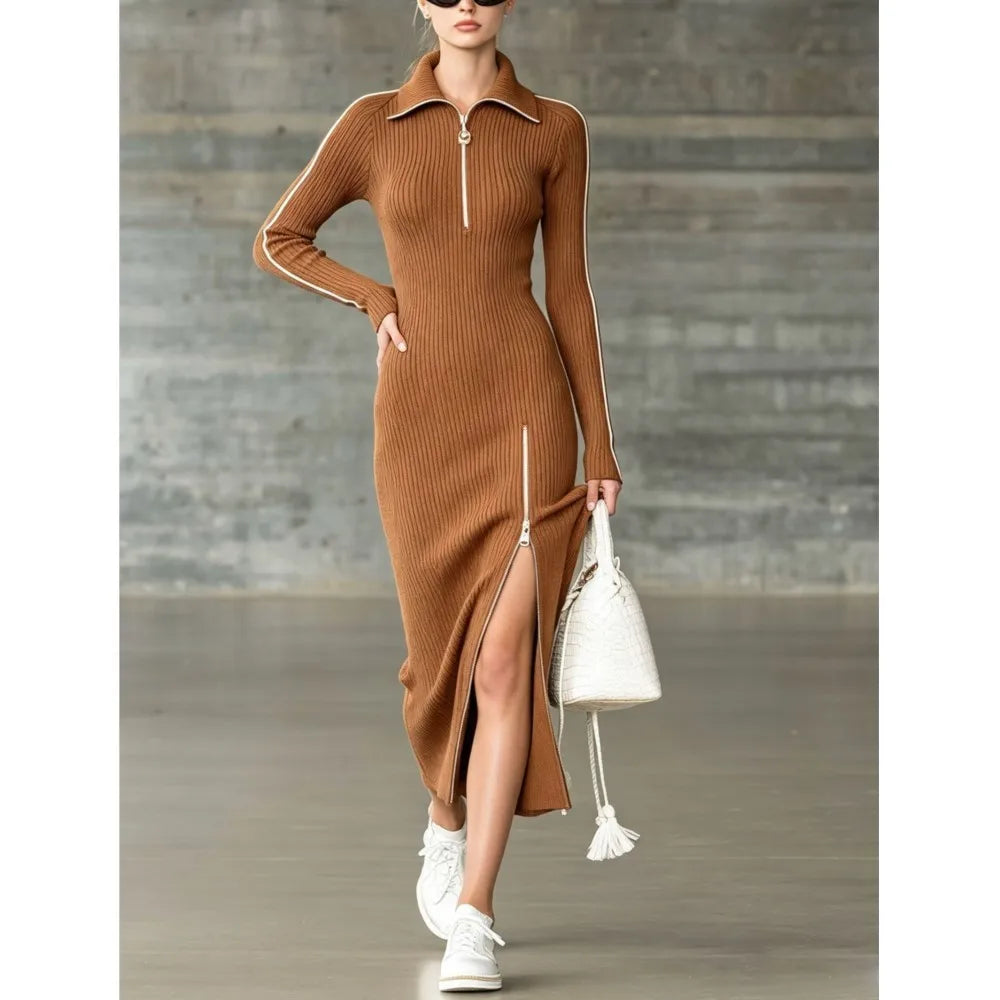 Brown ribbed knit sweater dress with zip collar and side slit