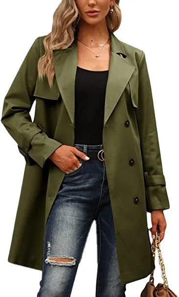 Woman wearing army green trench coat with belt detail