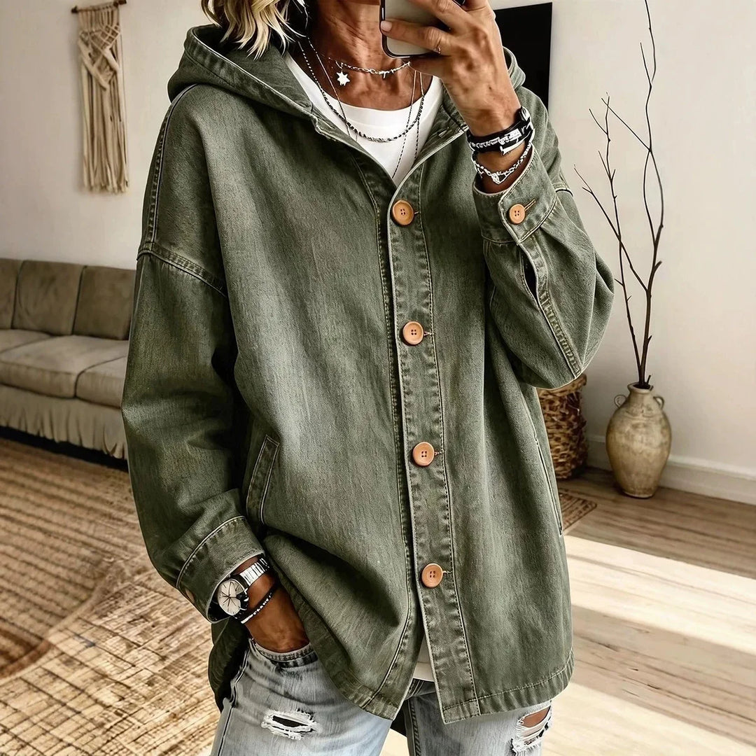 Olive green hooded denim jacket with button front and side pockets