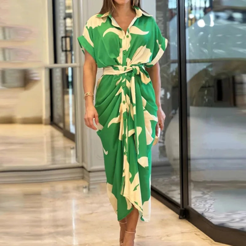 Ailsa Printed Tie Waist Shirt Midi Dress