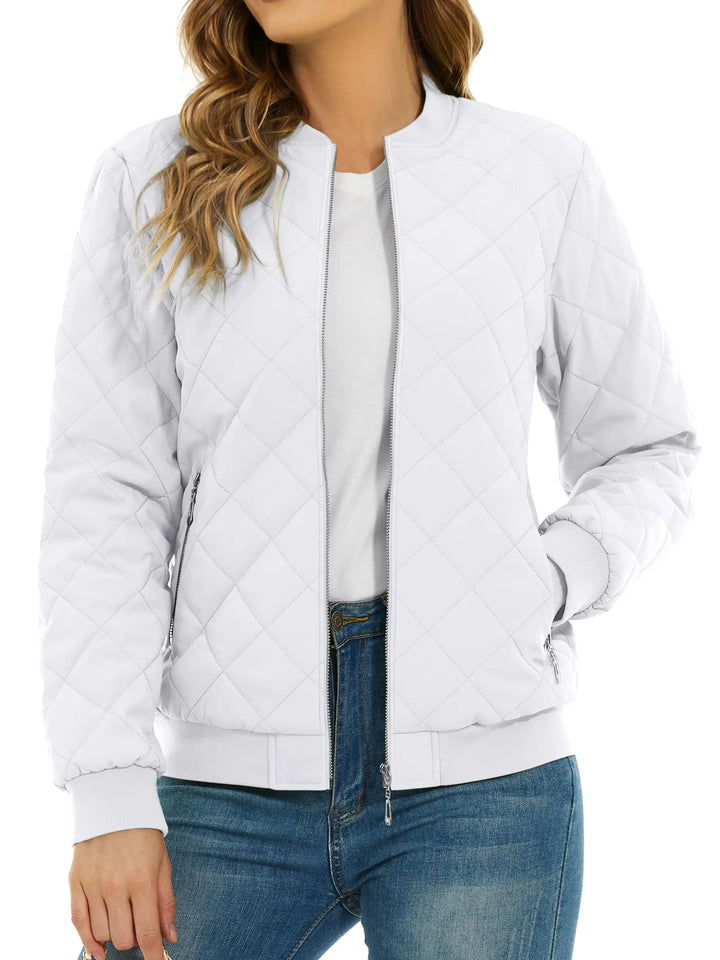 Close up of white quilted bomber jacket with zip pocket
