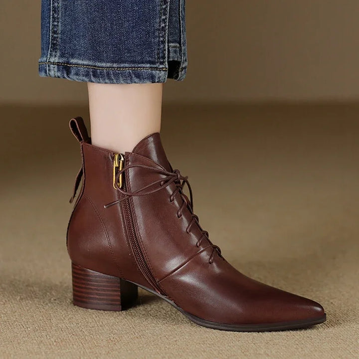 Brown leather lace-up ankle boot with stacked block heel