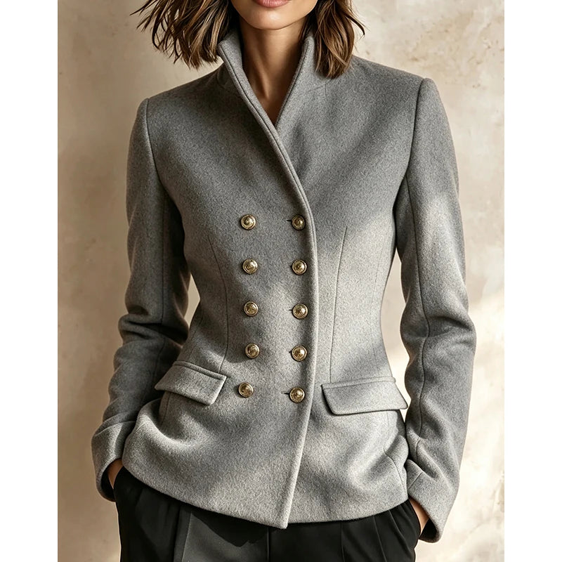 Woman wearing gray double-breasted wool-blend jacket, front view