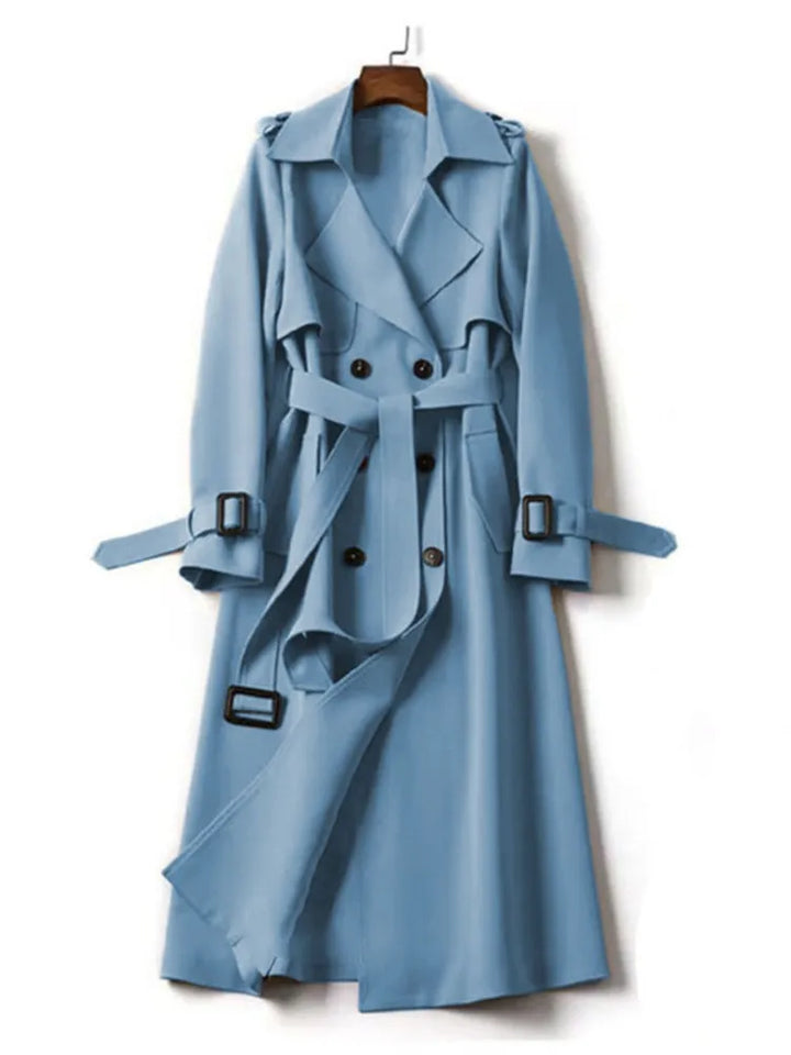 Light blue belted trench coat on hanger, front view