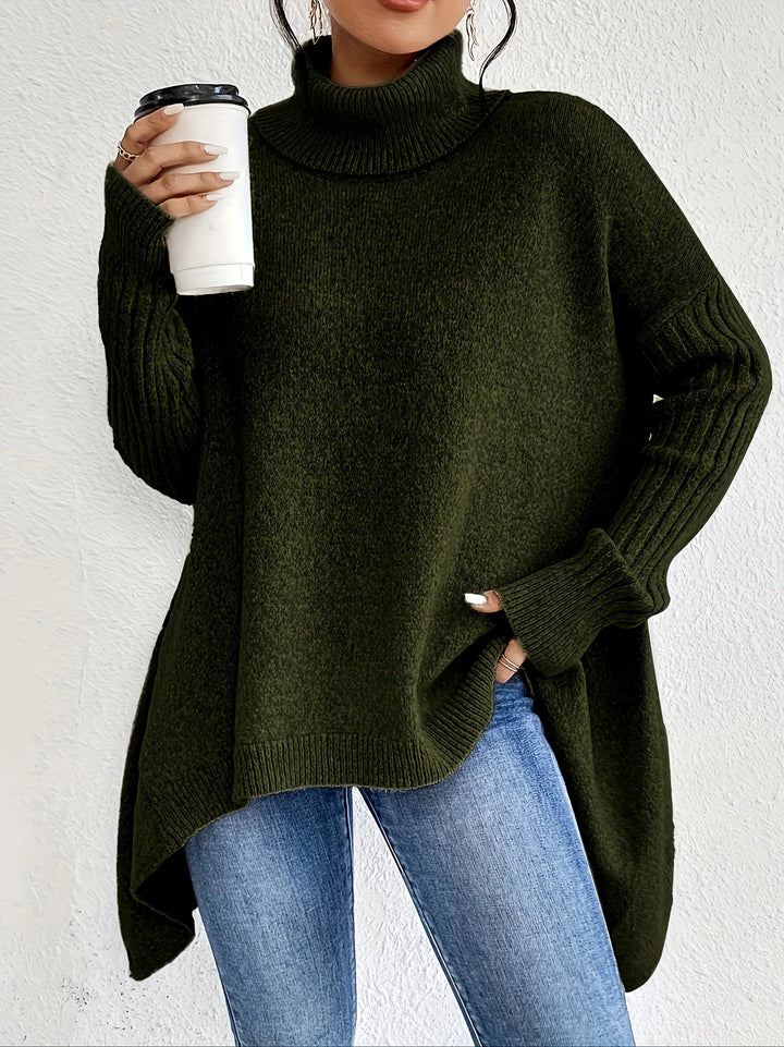 Woman wearing dark green oversized turtleneck sweater