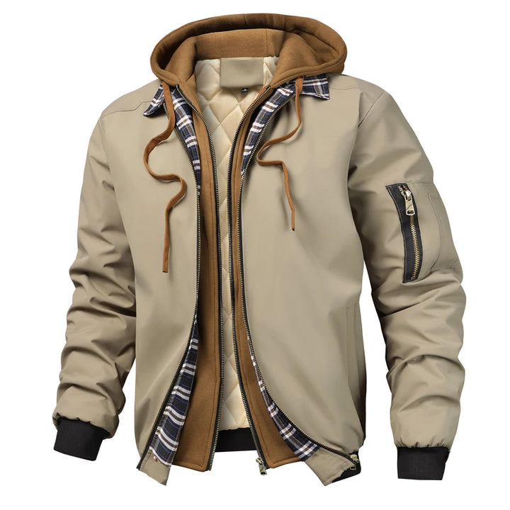 Khaki hooded bomber jacket with tan hood and plaid trim, front view