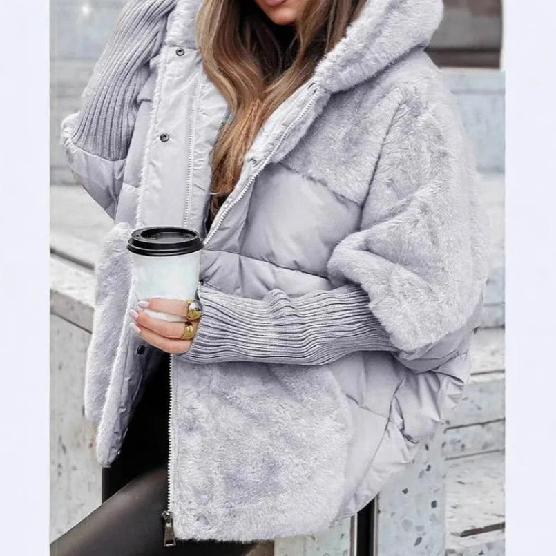 Grey faux fur trim puffer jacket with drawstring hood