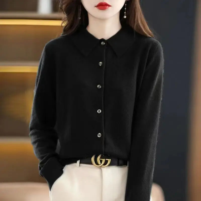 Black polo collar knit cardigan button front
