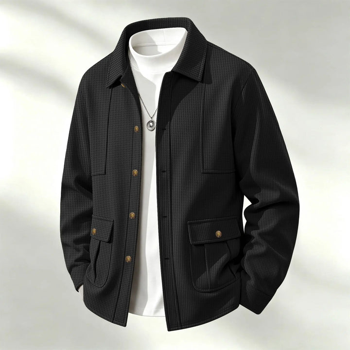 Black waffle knit shirt jacket front view