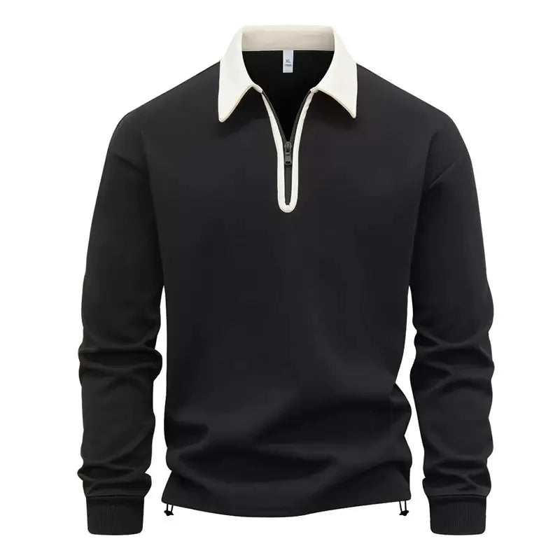 Black quarter zip polo sweatshirt with beige contrast collar, front view