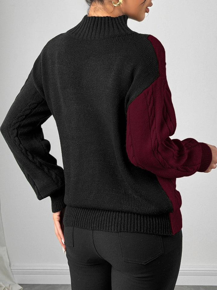 Burgundy and black color block cable knit sweater, back view