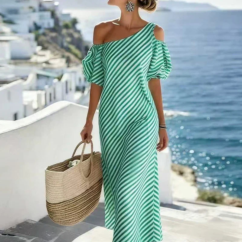 Amara Bohemian Striped One Shoulder Maxi Dress