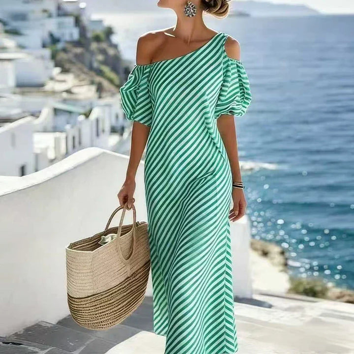 Amara Bohemian Striped One Shoulder Maxi Dress