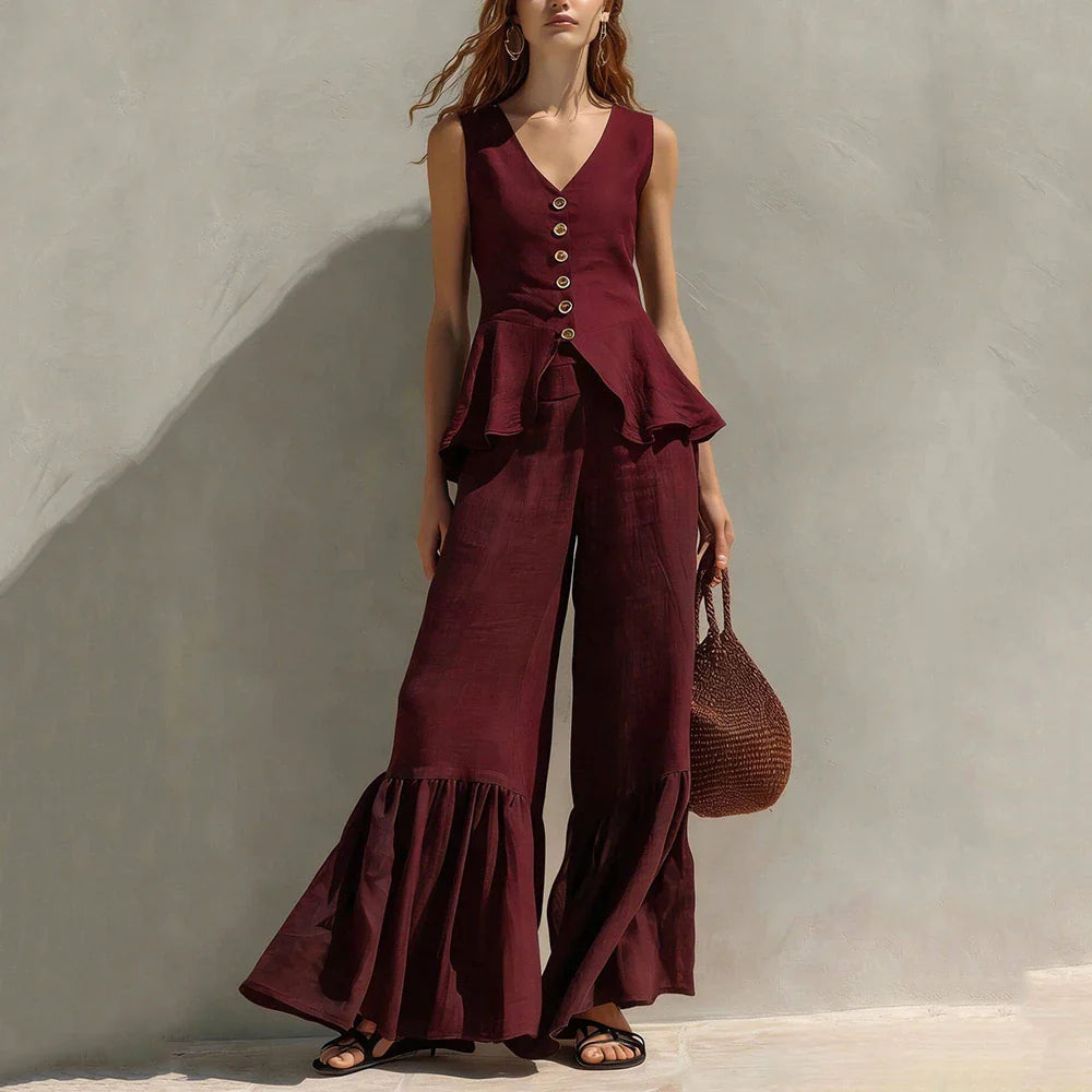 Andrea Ruffle Trim Wide Leg Pants Set