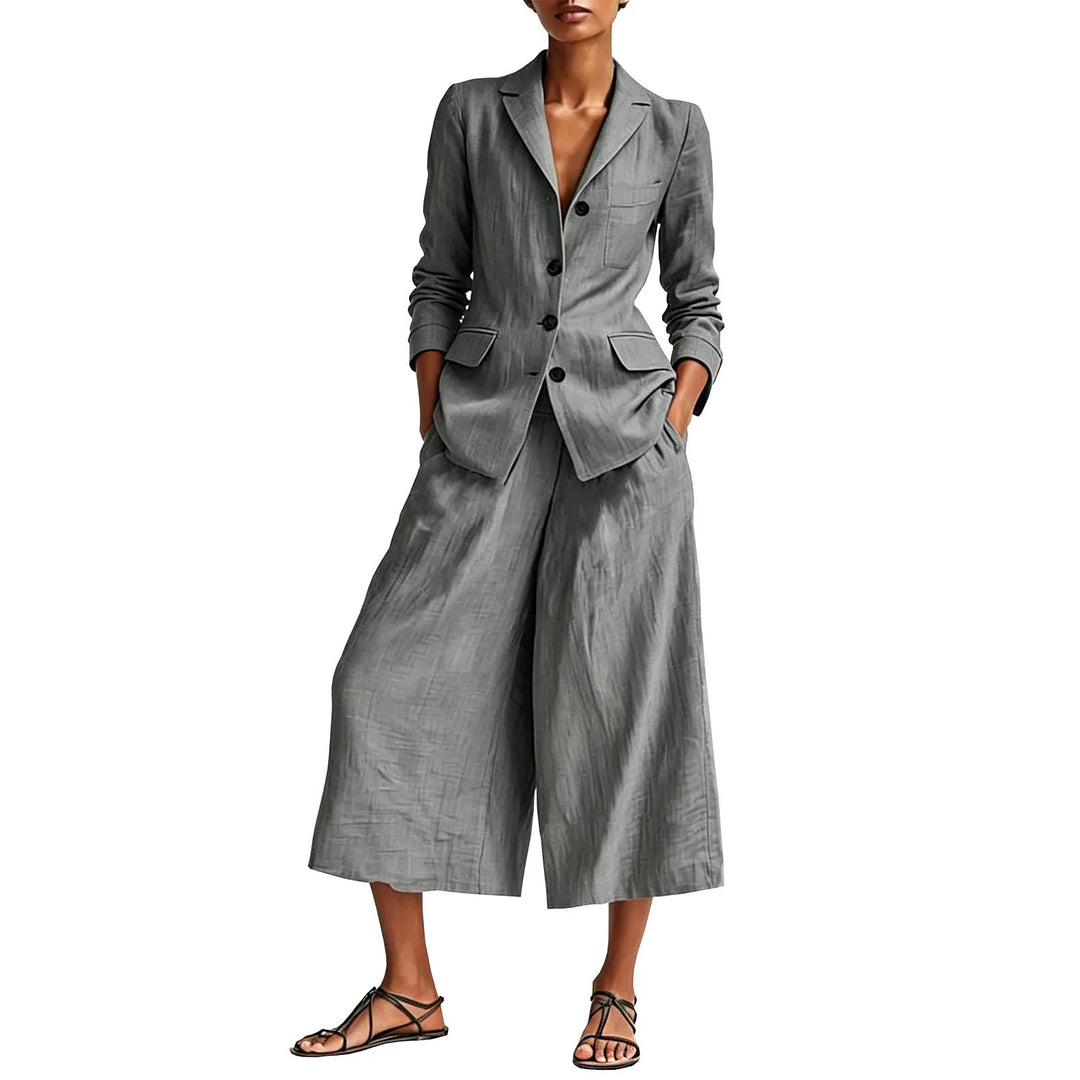 Rachel Linen Blazer and Wide Leg Capri Set