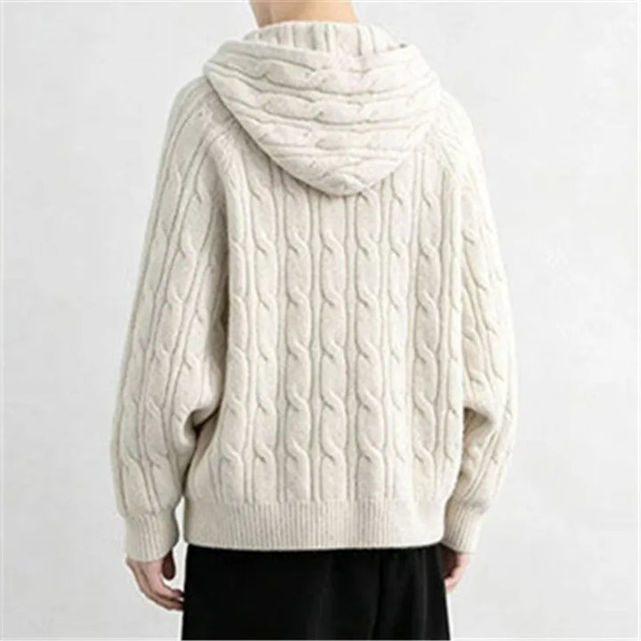 Back view of apricot cable knit hooded cardigan