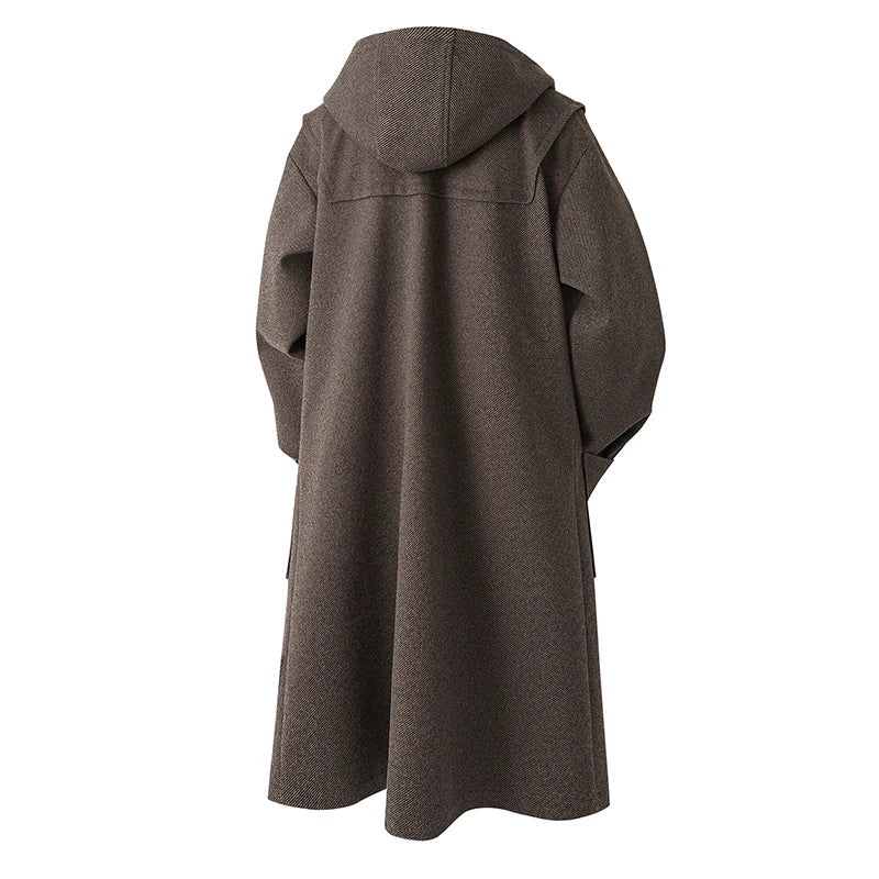 Coffee brown hooded duffle coat, back view showing flared hem