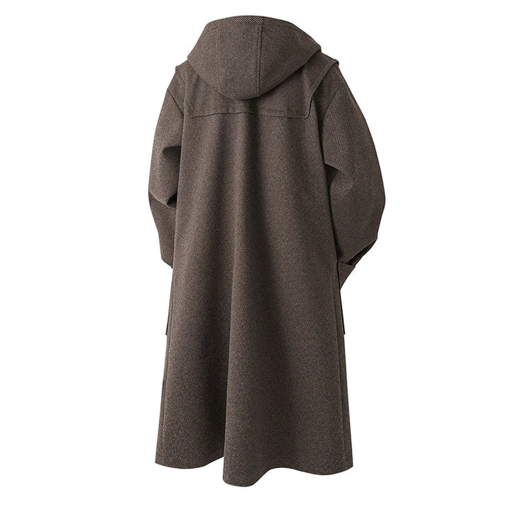 Coffee brown hooded duffle coat, back view showing flared hem