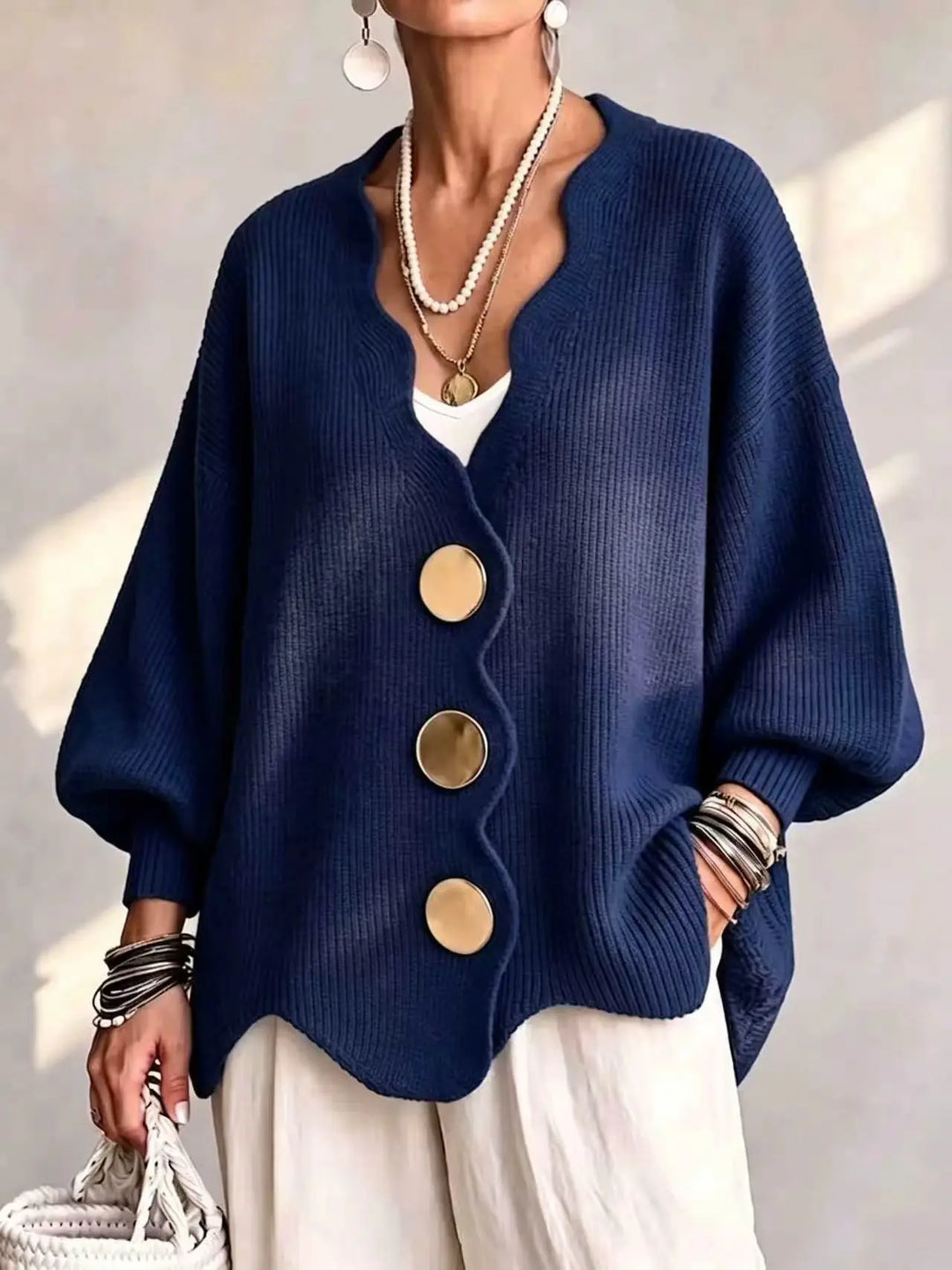 Navy blue oversized cardigan with oversized buttons
