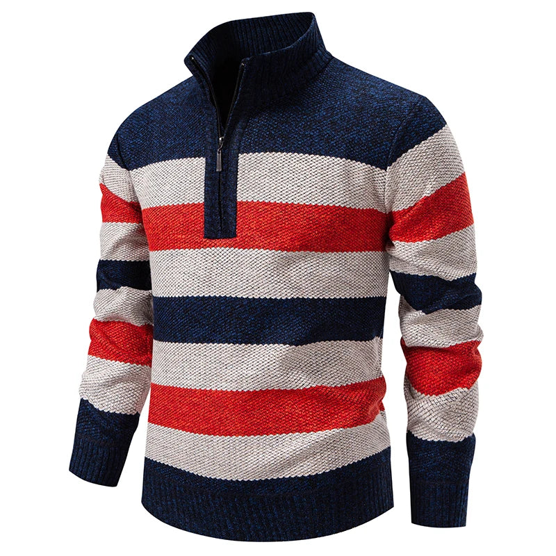 Navy beige red striped quarter zip sweater, angled front view