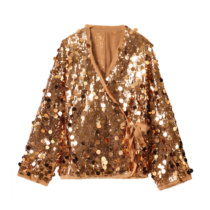 Gold sequin kimono jacket front view with tie waist