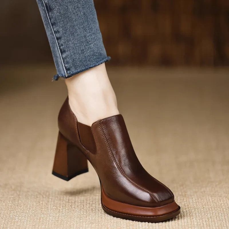 Brown platform block heel pump side view
