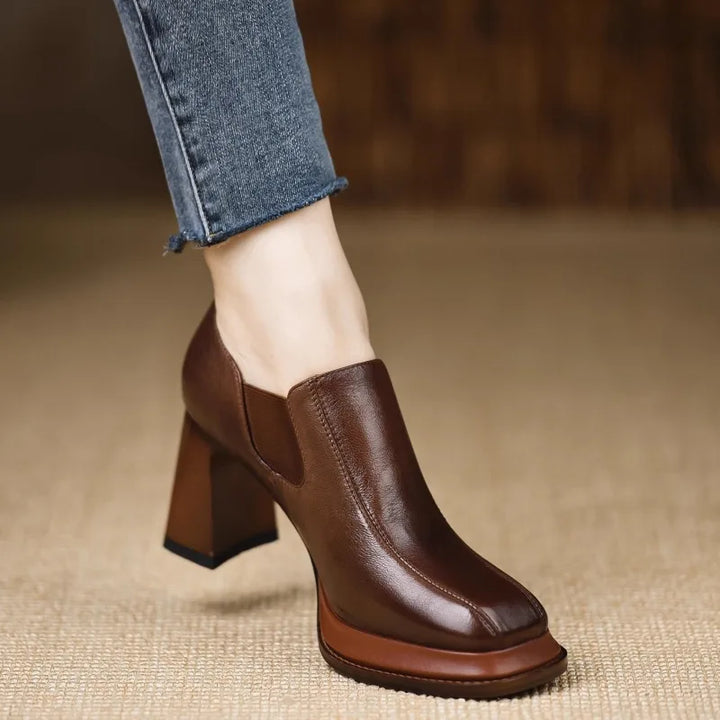 Brown platform block heel pump side view