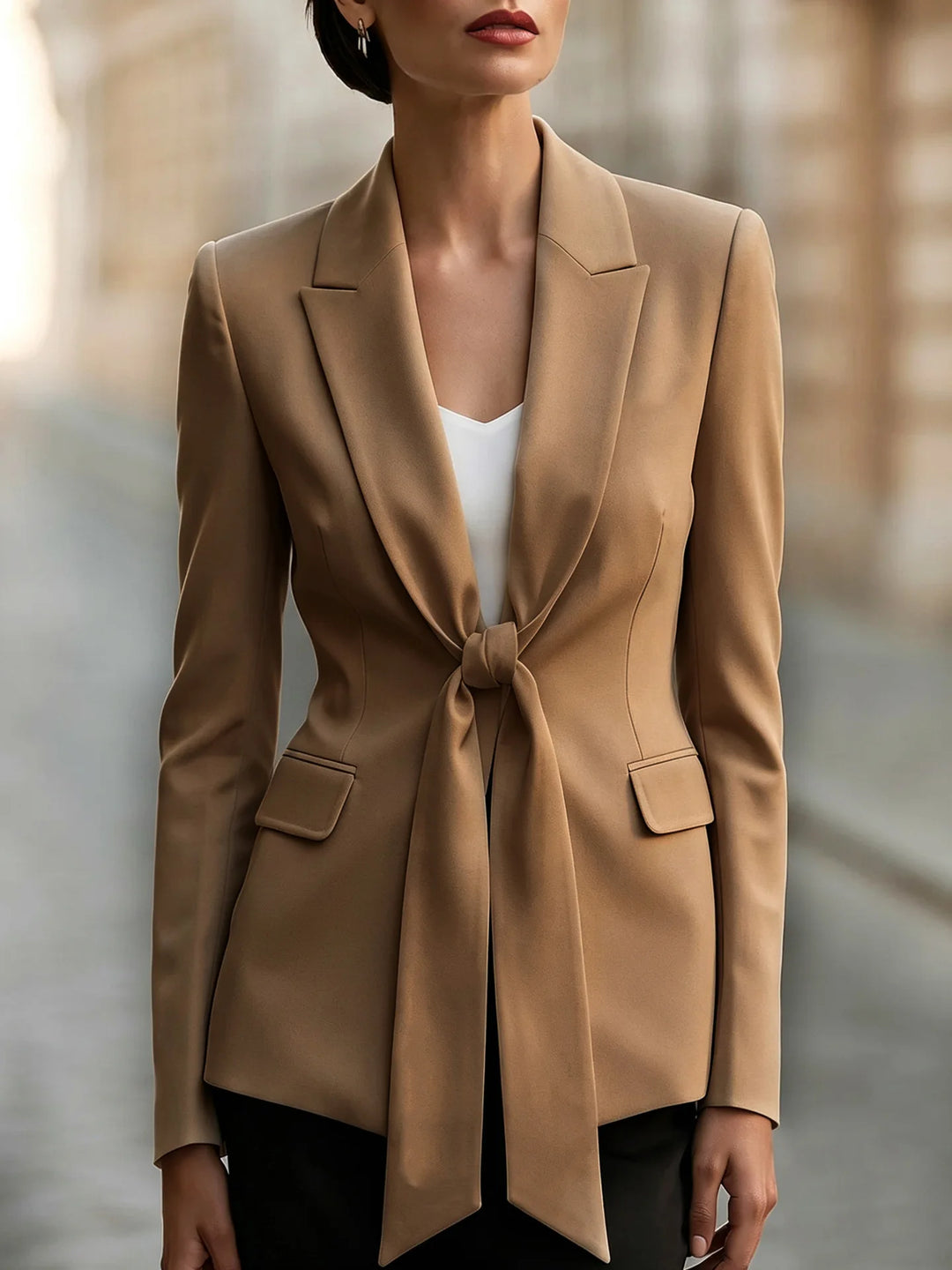 Khaki blazer with front tie knot and flap pockets