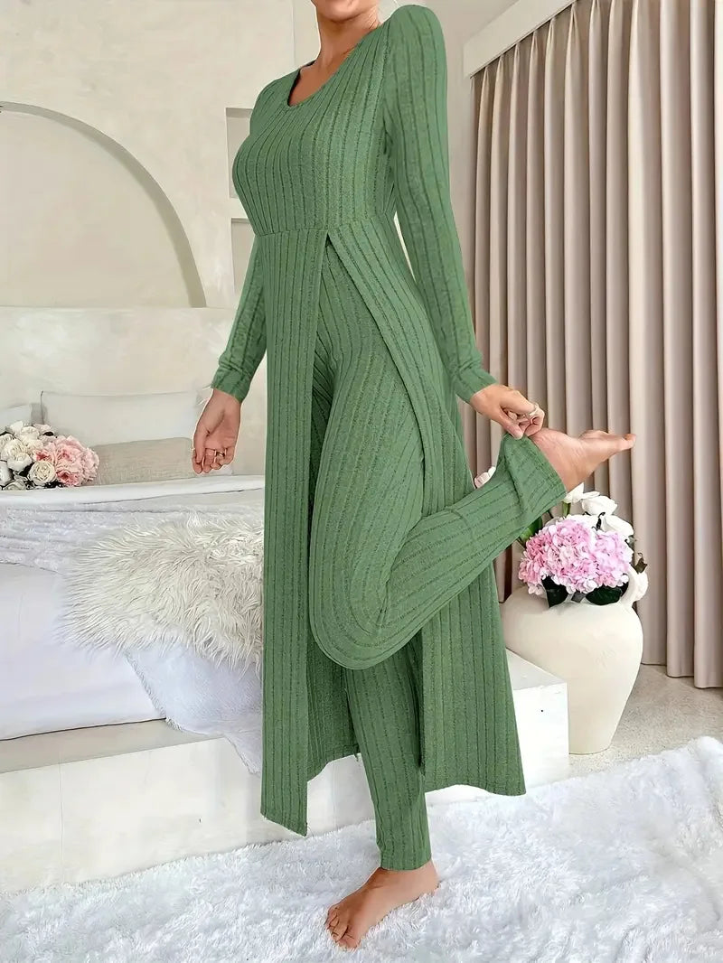 Woman wearing green ribbed long slit two piece loungewear set