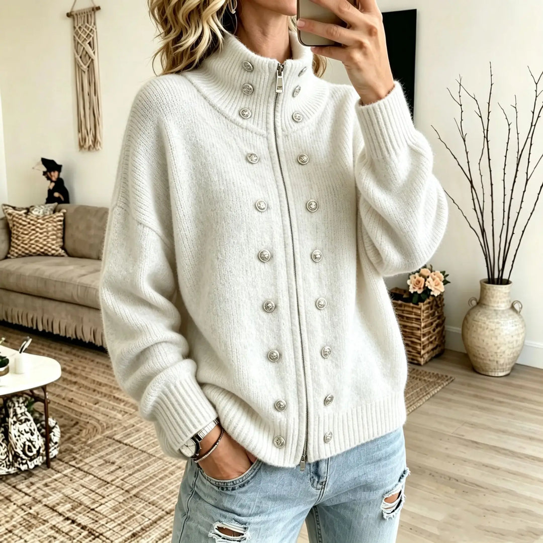 Woman wearing off-white stand collar zip cardigan with button details