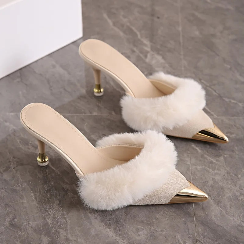 Beige faux fur trim pointed toe stiletto mules