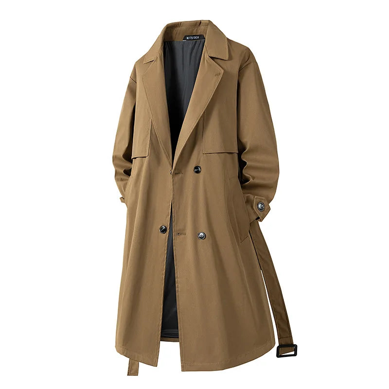 Khaki double-breasted trench coat front view