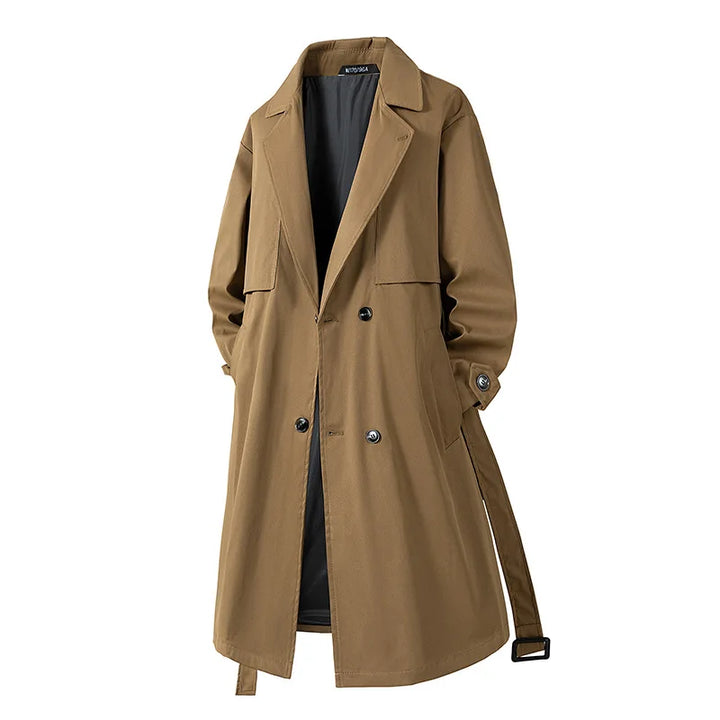 Khaki double-breasted trench coat front view