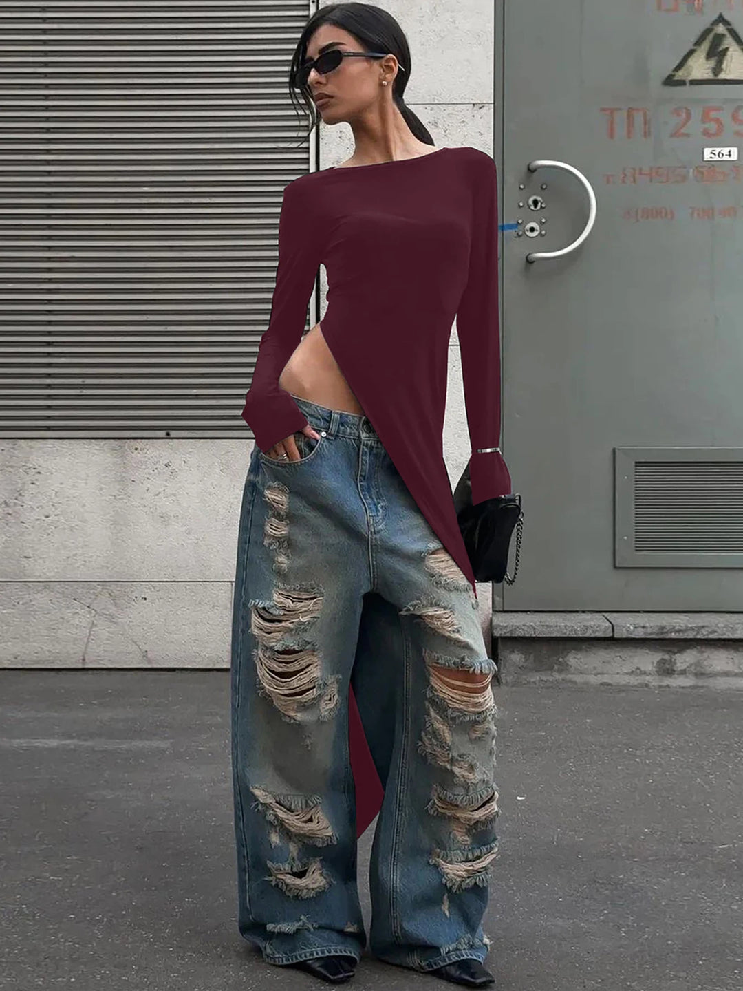 Burgundy long sleeve maxi dress with high side slit