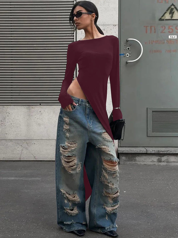 Burgundy long sleeve maxi dress with high side slit